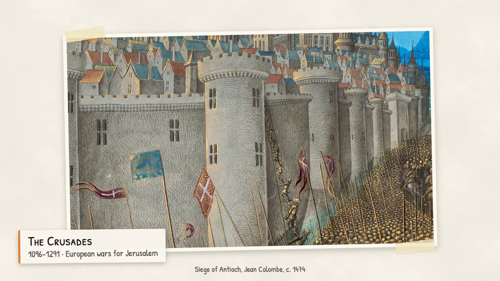 Miniatura del asedio de Antioquía, con sus murallas y el ejército cruzado.