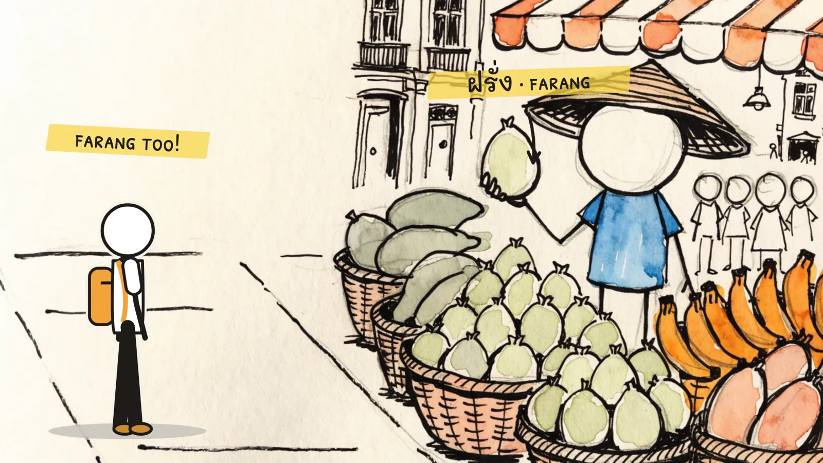Dibujo de un puesto de frutas en Bangkok: un vendedor con sombrero de paja alza una guayaba marcada ฝรั่ง · farang, mientras pasa un turista de palitos con mochila, con la nota “farang too!”
