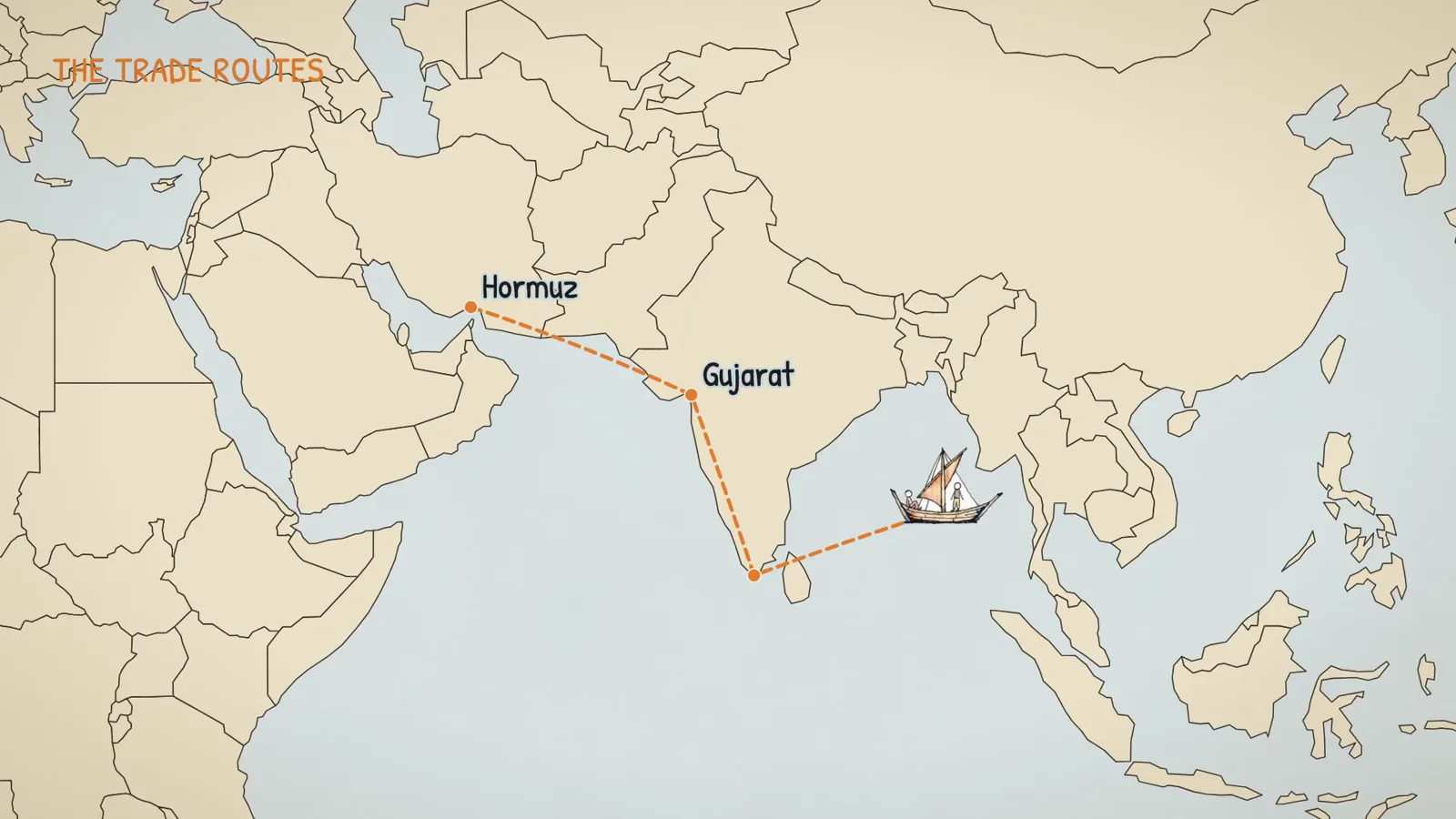 Carte de la route commerciale : un voilier va d'Ormuz au Gujarat, puis contourne l'Inde vers le golfe du Bengale.