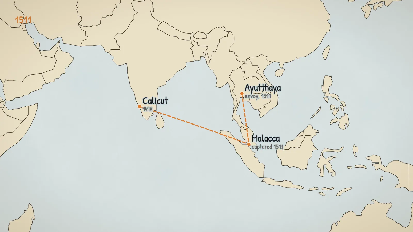 Carte de l'Asie du Sud-Est : de Calicut (1498) à Malacca (prise en 1511), puis jusqu'à Ayutthaya.