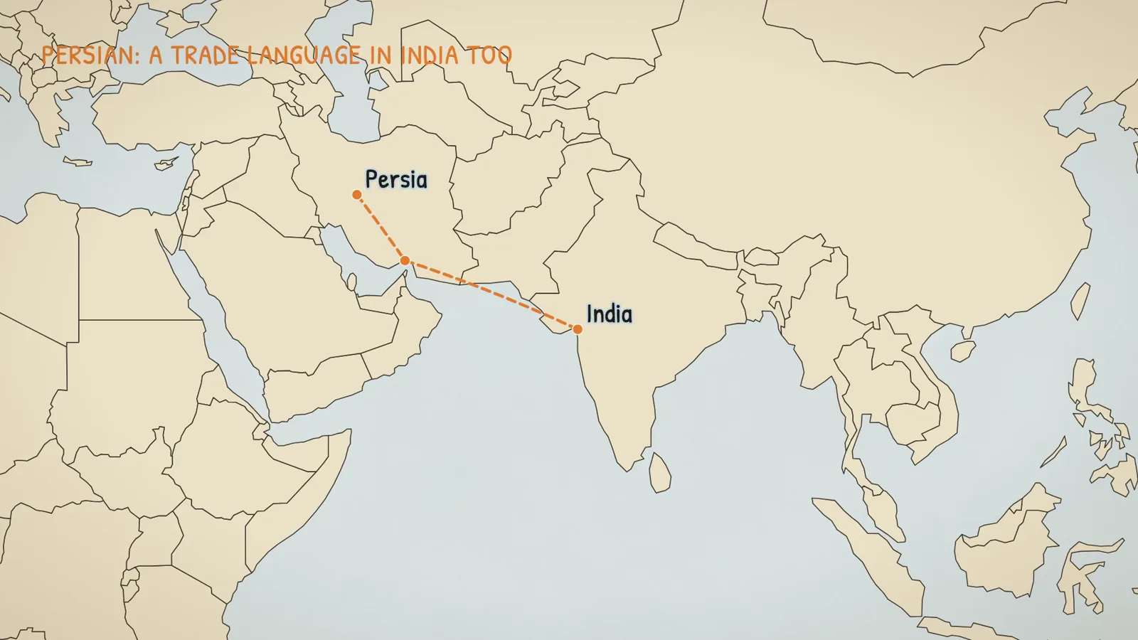 Carte de la Perse à l'Inde : le persan était aussi une langue de commerce en Inde.