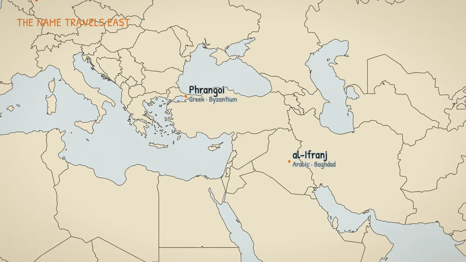 The name travels east · Byzantine Empire, the Greek-speaking Eastern Roman Empire