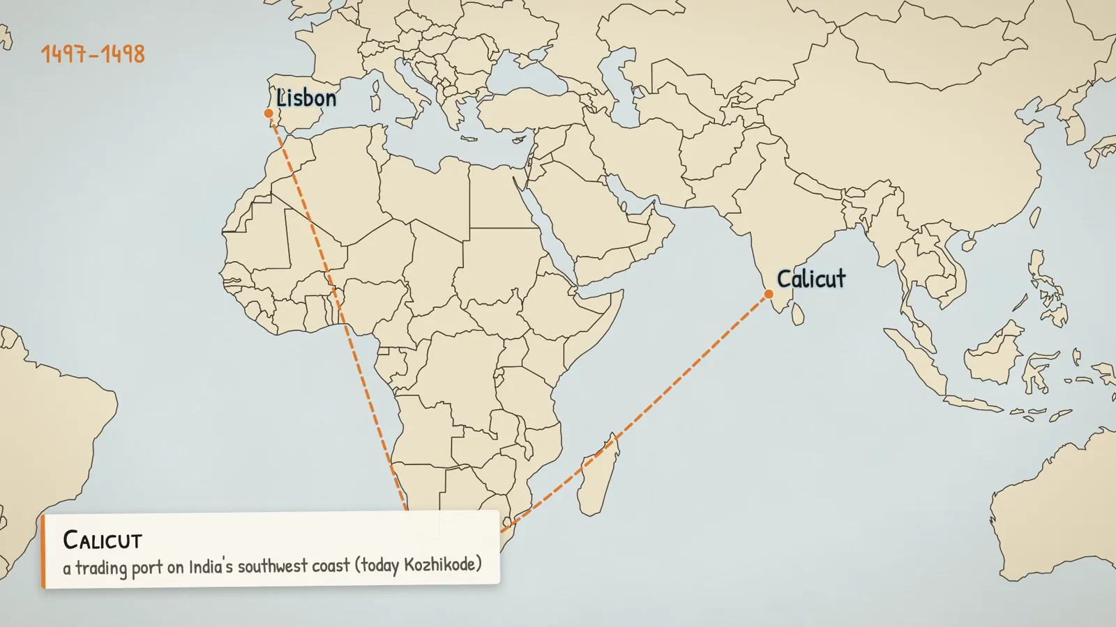 1497–1498 · Calicut, a trading port on India's southwest coast (today Kozhikode)