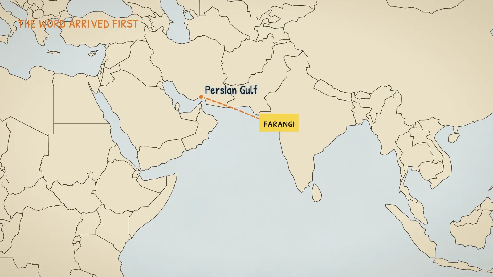 Map: the word “farangi” travels along the route from the Persian Gulf to the Indian coast, ahead of the Portuguese.