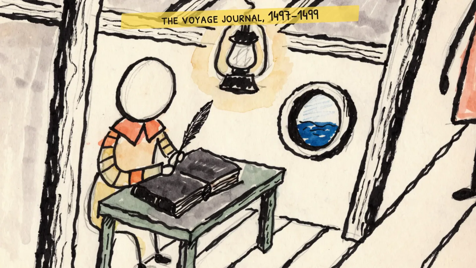 Sketch of a sailor writing in a journal by lantern light in a ship's cabin; a label reads “voyage journal, 1497–1499”.