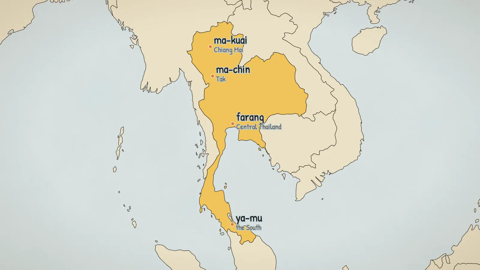 Map of Thailand with the guava's regional names: ma-kuai around Chiang Mai, ma-chin in Tak, farang in the central plains and ya-mu in the south.