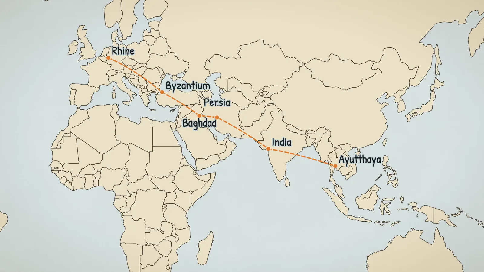 Map of the word's journey: from the Rhine through Byzantium, Baghdad and Persia, to India and on to Ayutthaya.