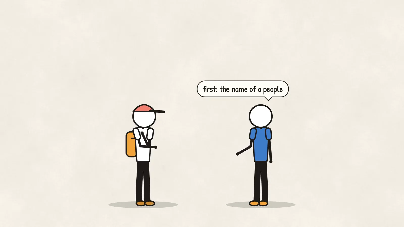 Two drawn figures; one says: first, the name of a people