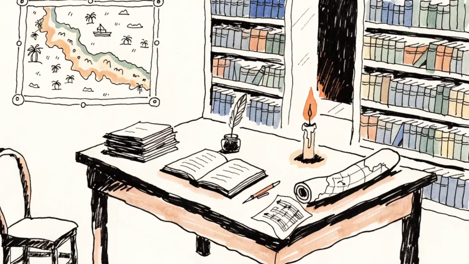 A drawn study: a desk with an open book, papers, a candle and a map of Siam