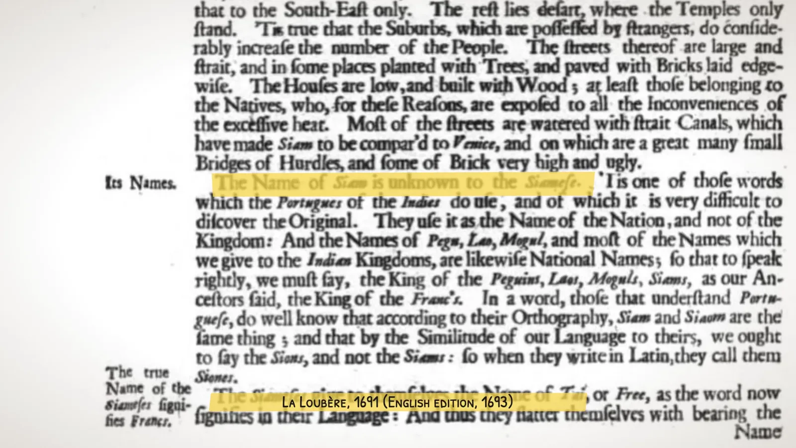 A page of La Loubère's 1693 English edition, with the line about the name of Siam highlighted