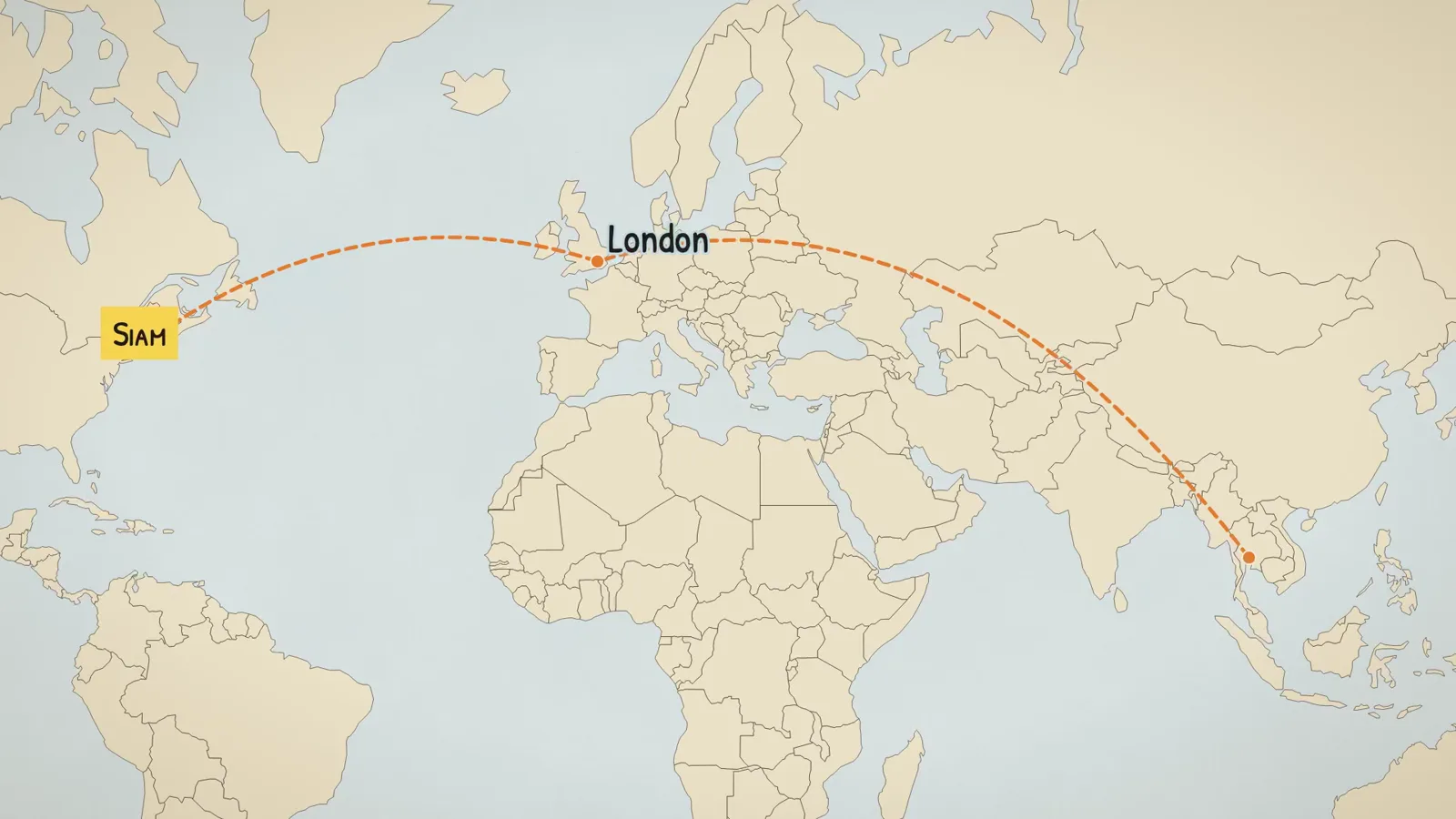 Map: the name Siam travelling from Southeast Asia to London