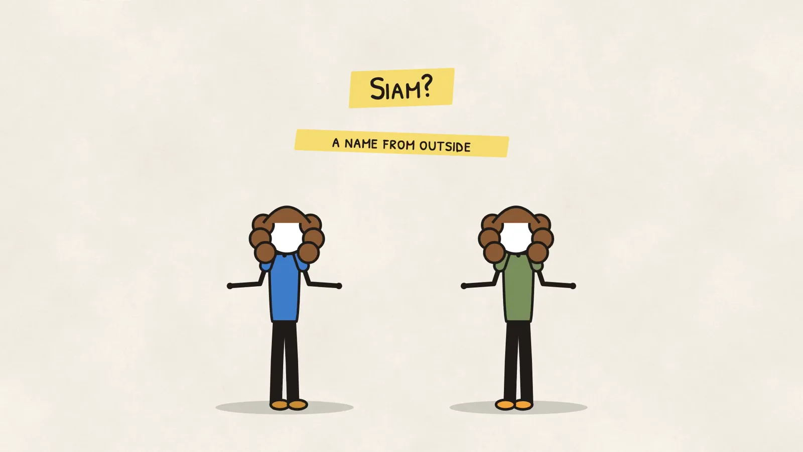 Two drawn figures under the words: Siam? A name from outside