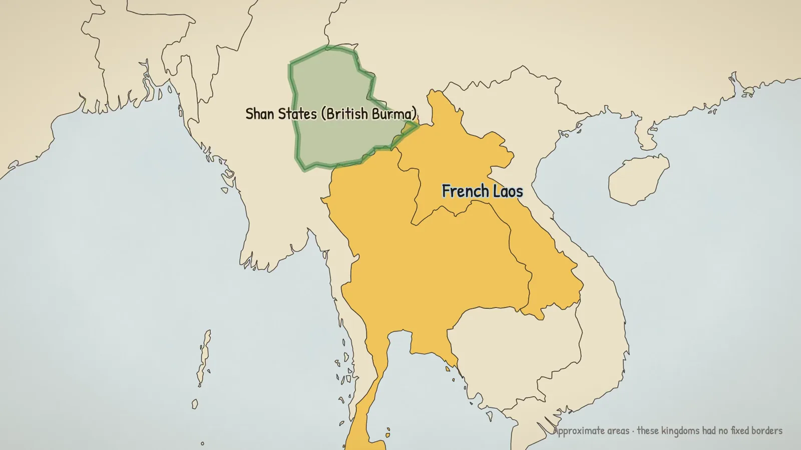 Map with the Shan States in British Burma and French Laos highlighted
