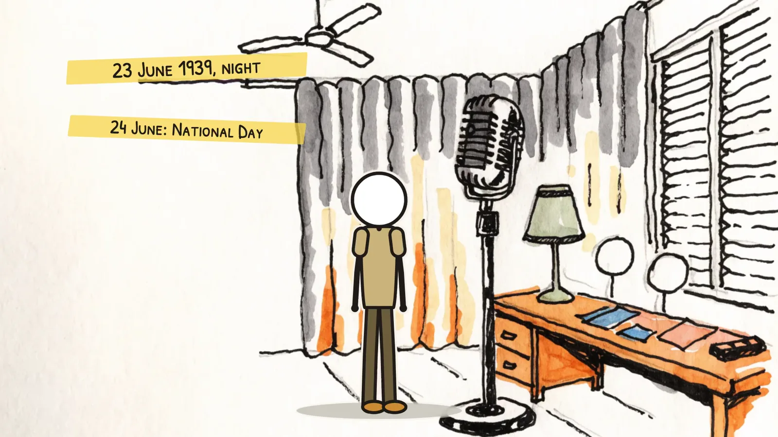 Drawing of Phibun at a radio microphone on the night of 23 June 1939
