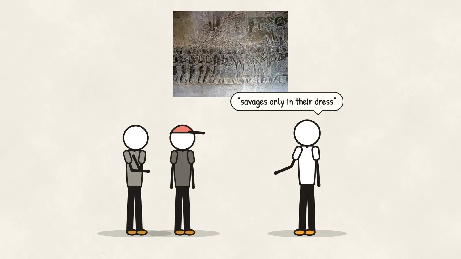 Drawn scholars point at the carved soldiers and call them savages; Coedès answers: savages only in their dress