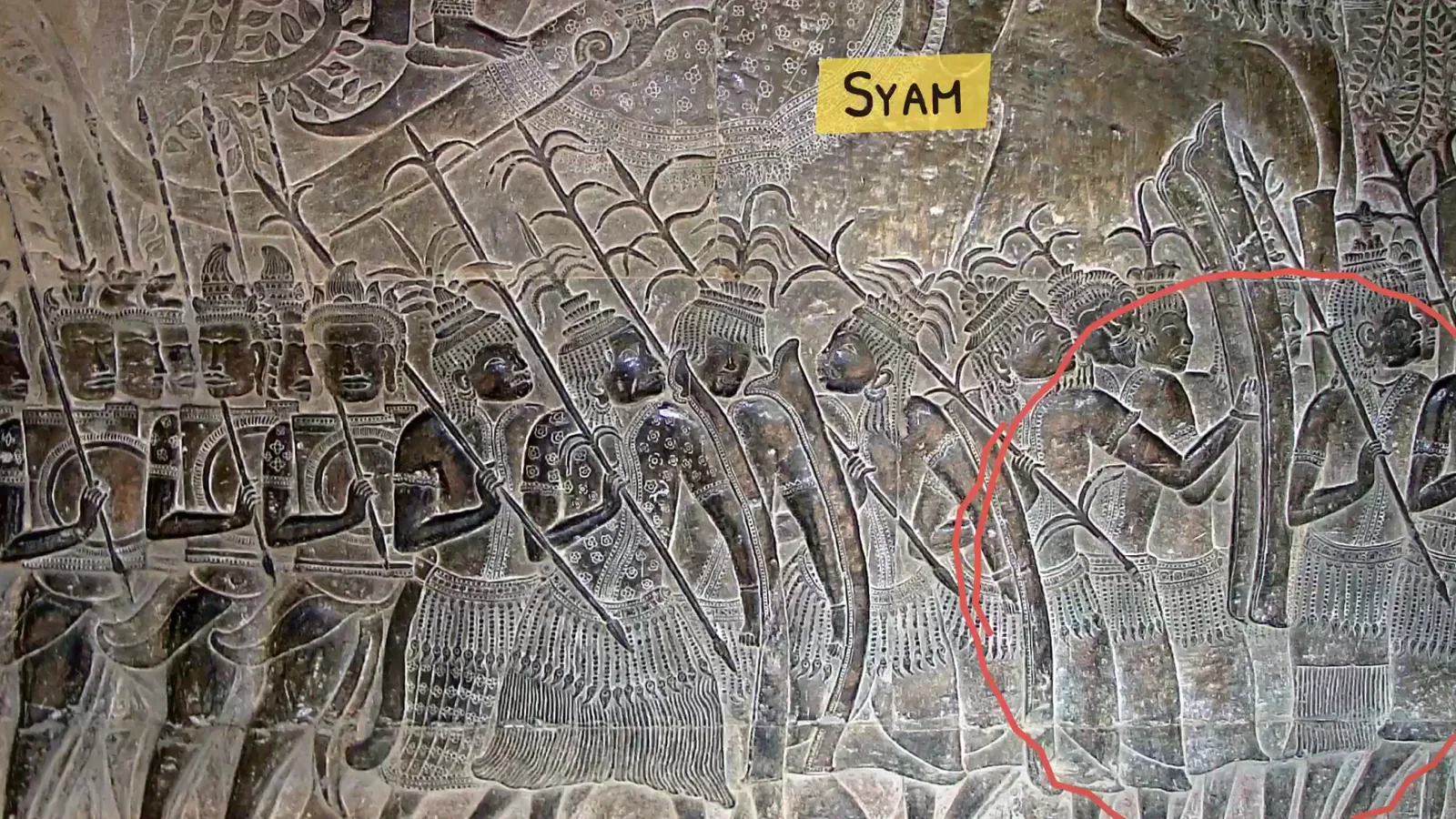 The Syam soldiers carved at Angkor Wat, in long bell-shaped skirts, labelled Syam