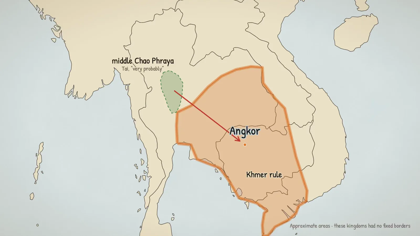 Map: a Tai area on the middle Chao Phraya, under Khmer rule, with an arrow to Angkor